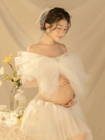 Mqtime  Maternity Dress Set for Photo Shoot Summer Sexy Shoulderless White Tulle Top+ Skirt 2 Pieces Set for Pregnant Women Photography